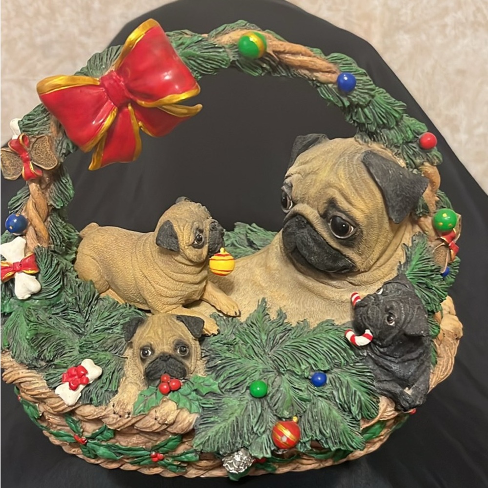 Danbury Mint Pug Family Holiday Basket Figurine - Red, Green, Tan, Black